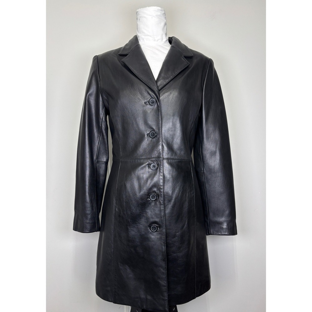 Danier Canada Black Leather Coat Mid Length Tailored Jacket Womens XS